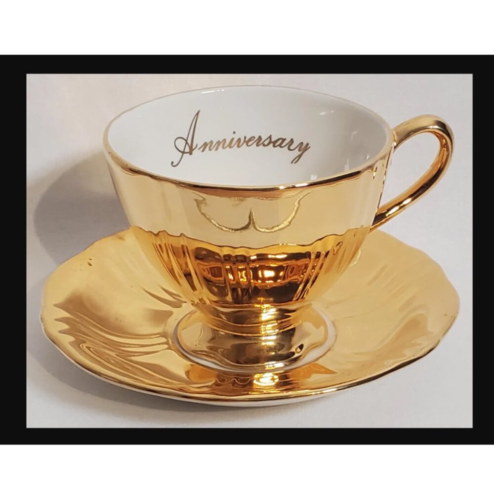 Royal Winton Grimwades Gold Teacup & Saucer – “Anniversary” Commemorative Set